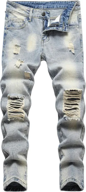 Boy's Skinny Fit Ripped Destroyed Distressed Fashion Denim Jeans Pants