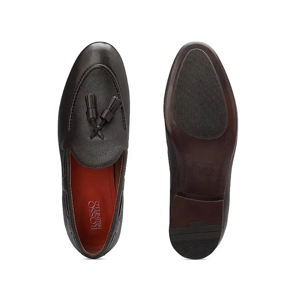 Coffee Leather Loafers With Tassels