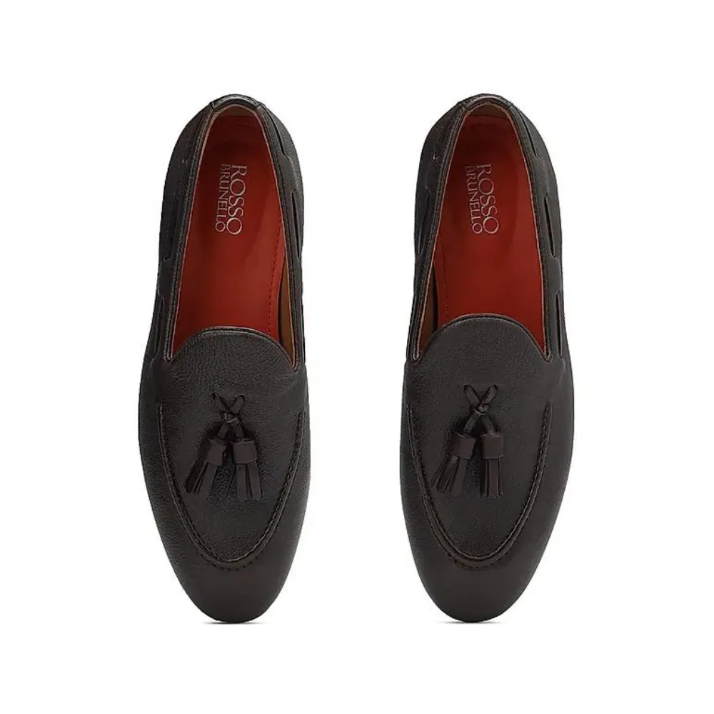 Coffee Leather Loafers With Tassels