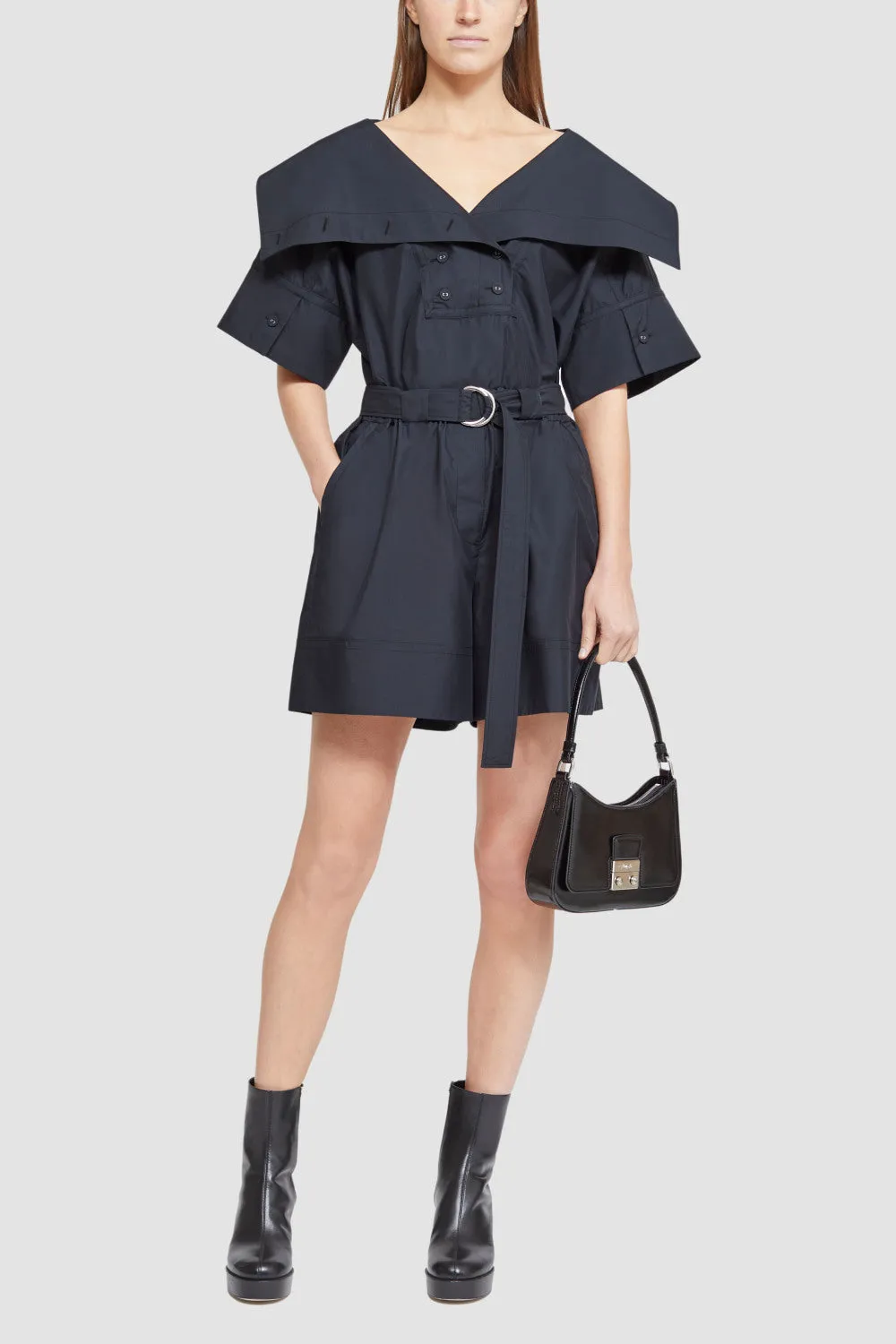 Cotton Poplin Belted Utility Romper