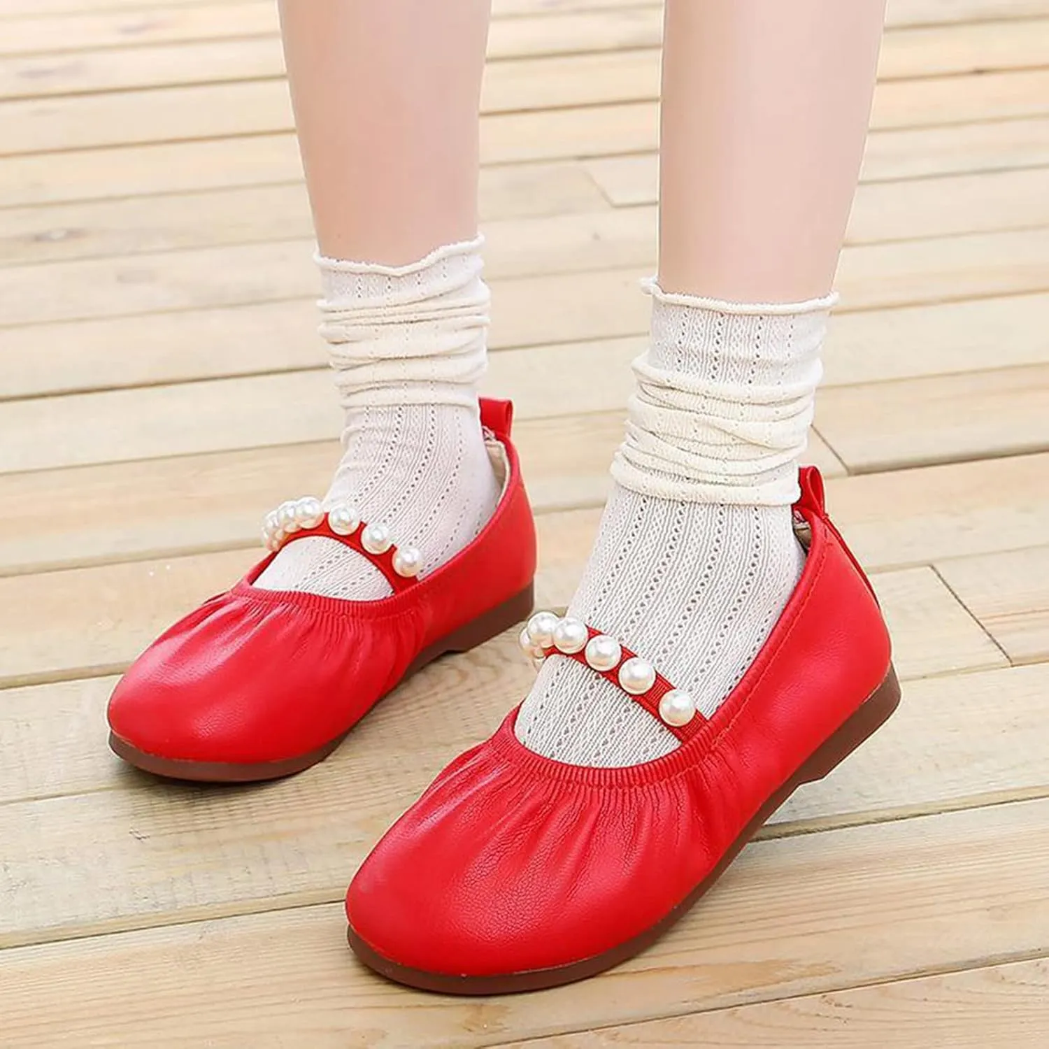 Girls Ballet Flat Toddler Dress Shoes Mary Jane Princess Flower Girls Pearl Strap Wedding Pary School Shoes
