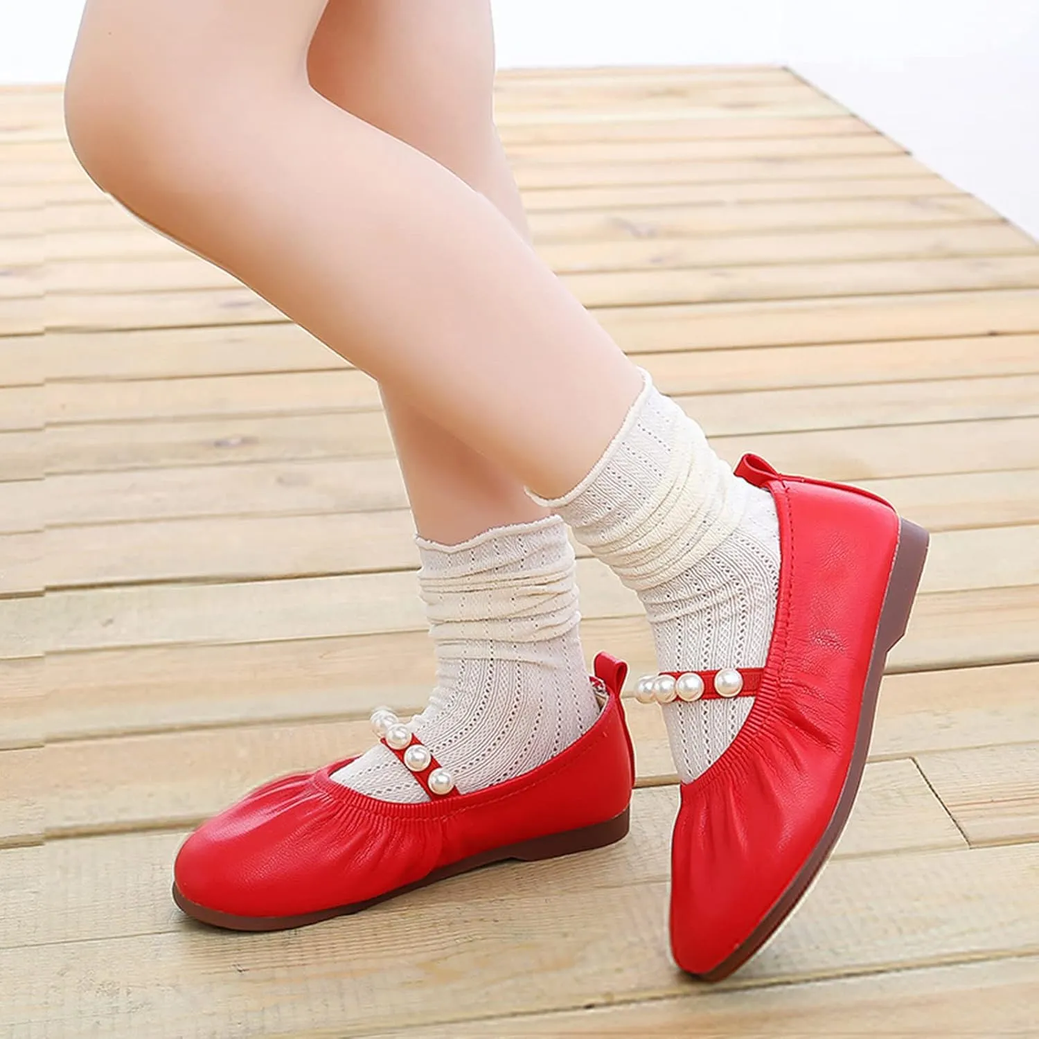 Girls Ballet Flat Toddler Dress Shoes Mary Jane Princess Flower Girls Pearl Strap Wedding Pary School Shoes