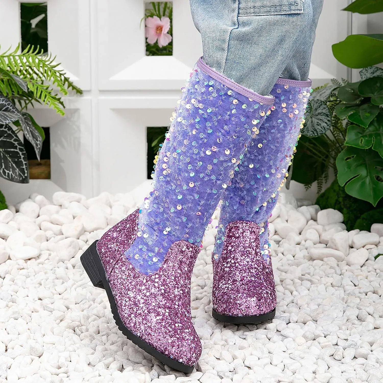 Girls Cowgirl Boots Mid Calf Square Toe Western Boot for Kids Sparkly Glitter Cowboy Boots Toddler Girls Party Shoes