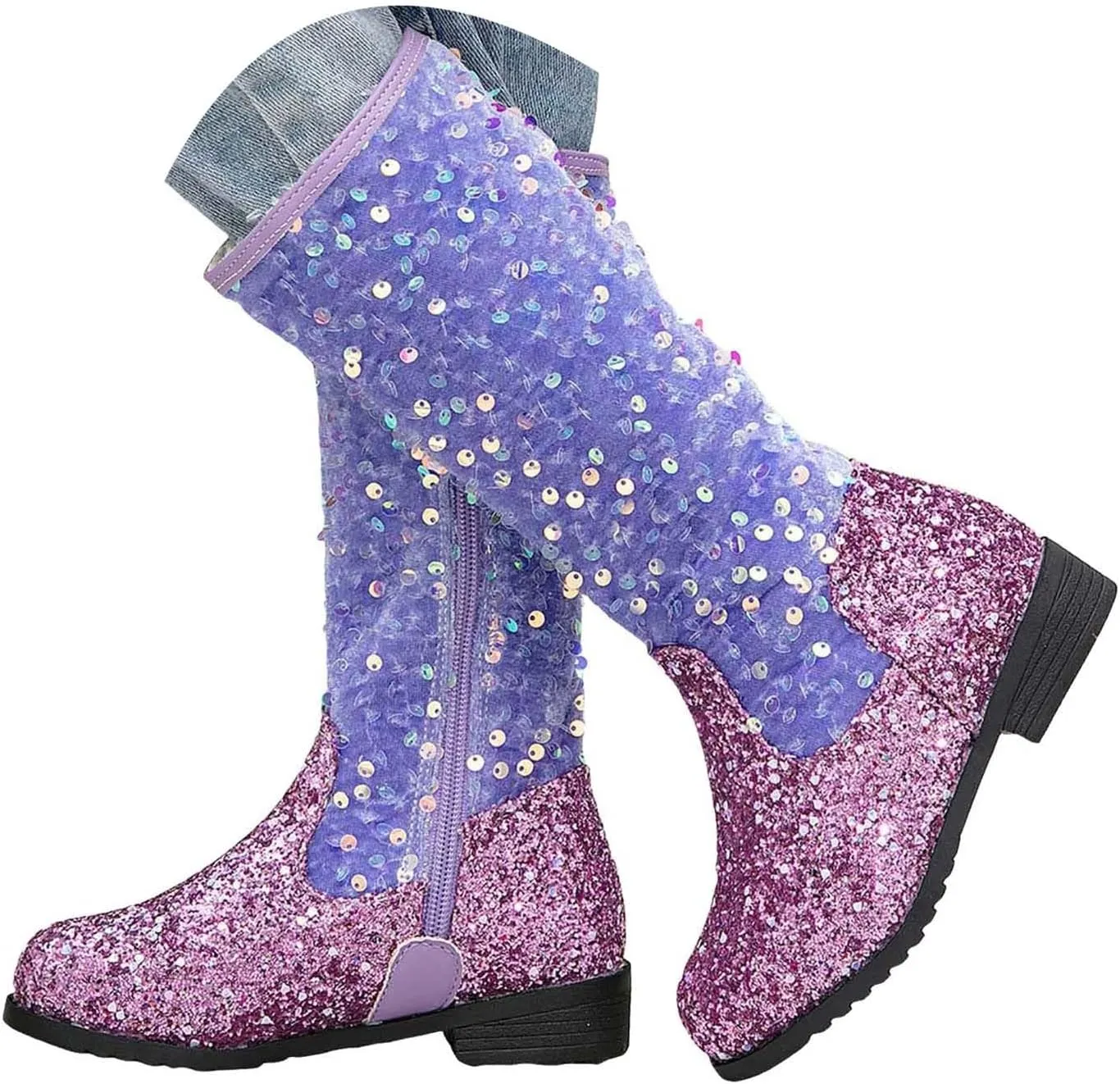 Girls Cowgirl Boots Mid Calf Square Toe Western Boot for Kids Sparkly Glitter Cowboy Boots Toddler Girls Party Shoes