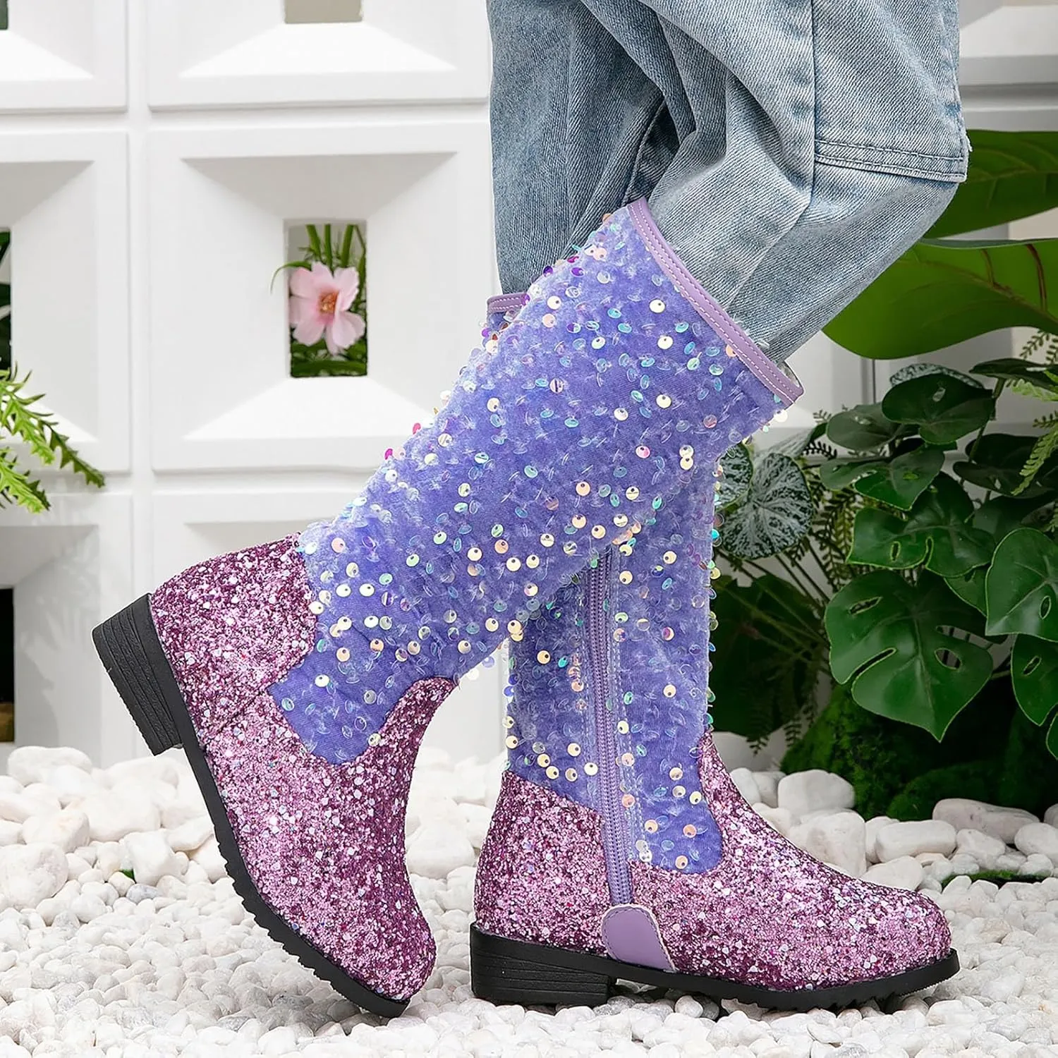 Girls Cowgirl Boots Mid Calf Square Toe Western Boot for Kids Sparkly Glitter Cowboy Boots Toddler Girls Party Shoes