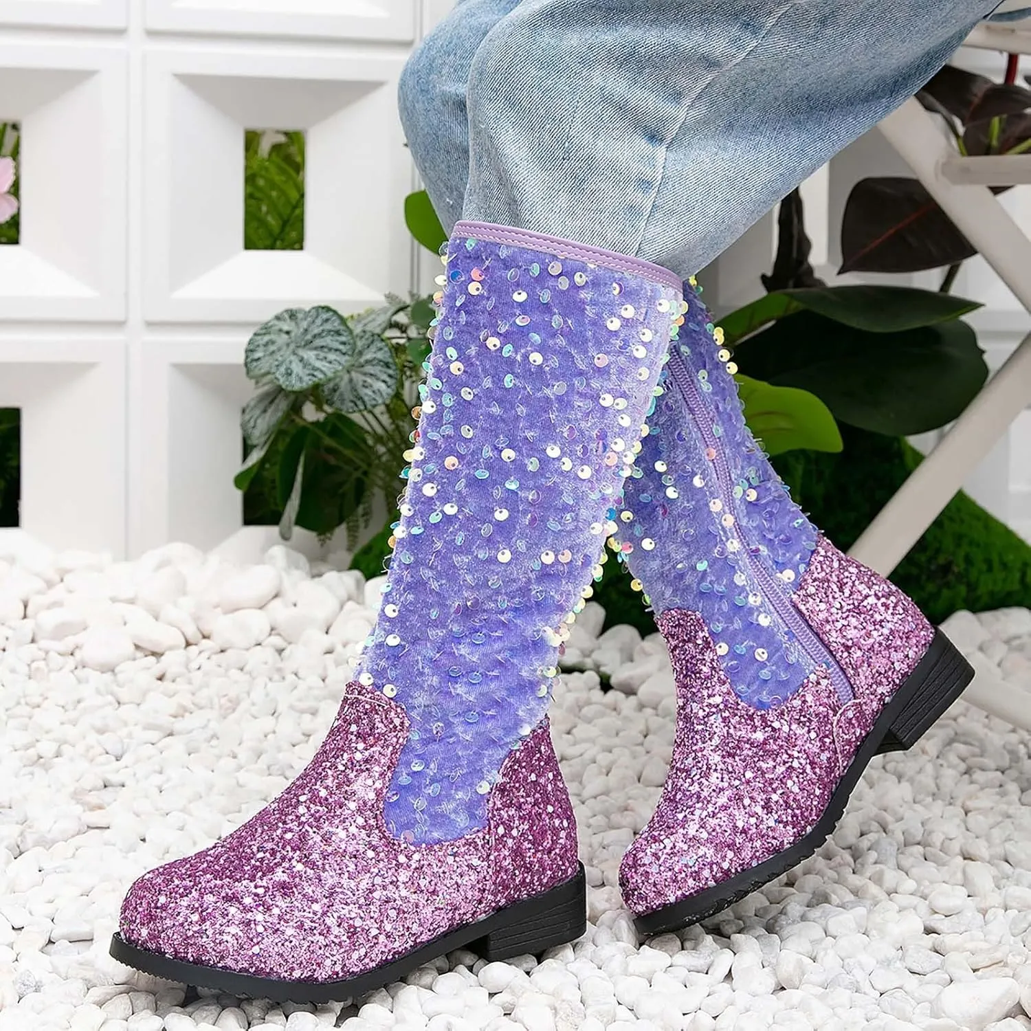 Girls Cowgirl Boots Mid Calf Square Toe Western Boot for Kids Sparkly Glitter Cowboy Boots Toddler Girls Party Shoes