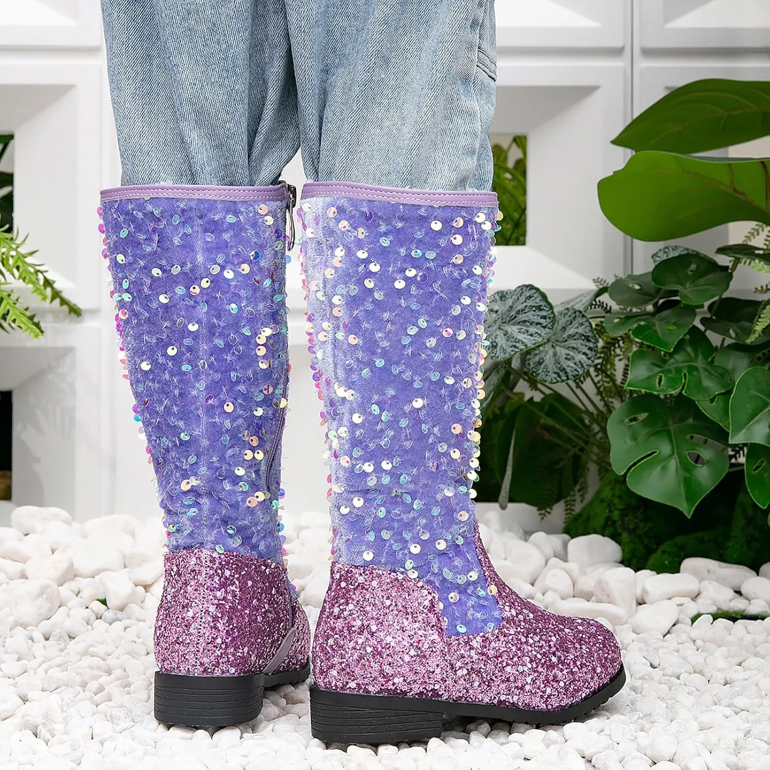Girls Cowgirl Boots Mid Calf Square Toe Western Boot for Kids Sparkly Glitter Cowboy Boots Toddler Girls Party Shoes