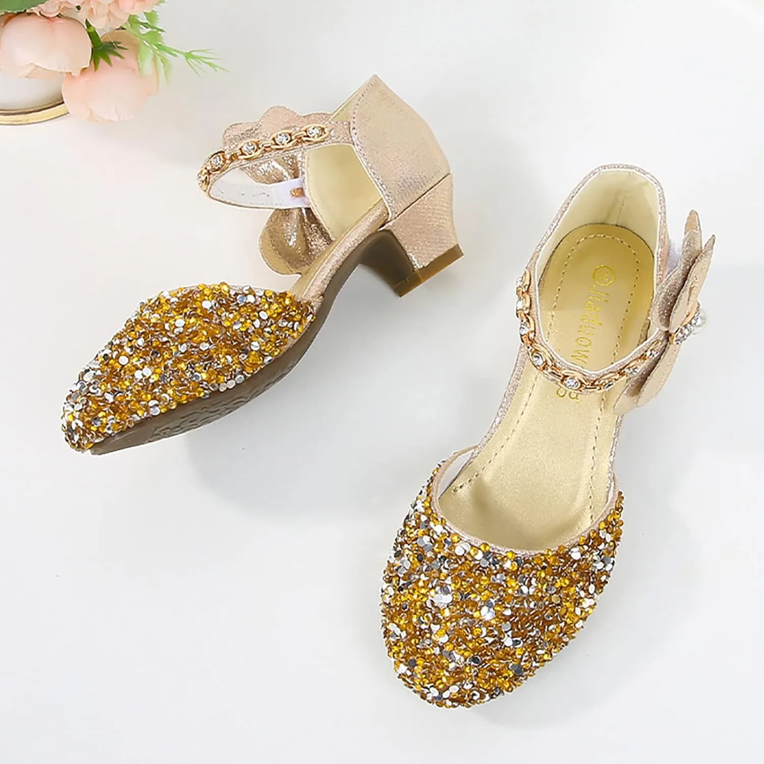 Girls Dress Shoes Mary Jane Wedding Heel Glitter Bow Princess Flower Shoes for Kid Toddler