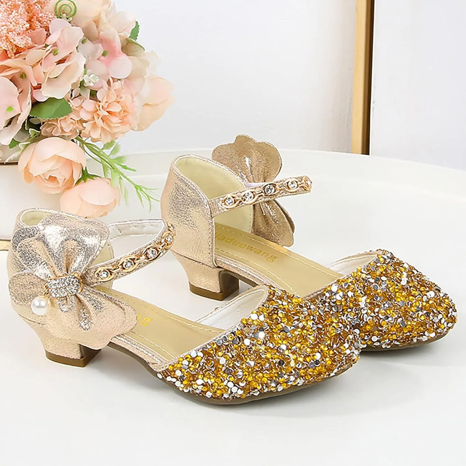 Girls Dress Shoes Mary Jane Wedding Heel Glitter Bow Princess Flower Shoes for Kid Toddler