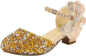 Girls Dress Shoes Mary Jane Wedding Heel Glitter Bow Princess Flower Shoes for Kid Toddler