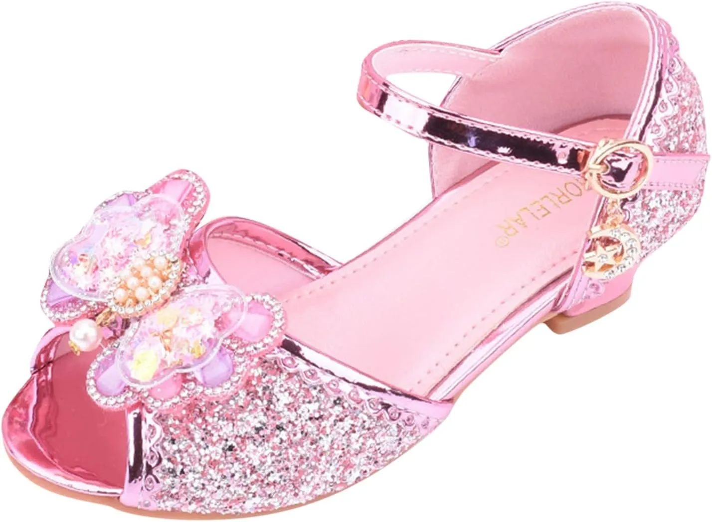 Girls Glitter Sandals Low Heels Shiny Dress Shoes with Bow Party Wedding Flower Girl Shoe for Toddler Kids