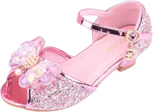 Girls Glitter Sandals Low Heels Shiny Dress Shoes with Bow Party Wedding Flower Girl Shoe for Toddler Kids