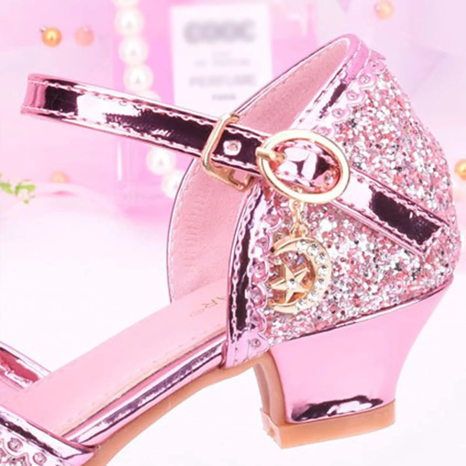 Girls Glitter Sandals Low Heels Shiny Dress Shoes with Bow Party Wedding Flower Girl Shoe for Toddler Kids