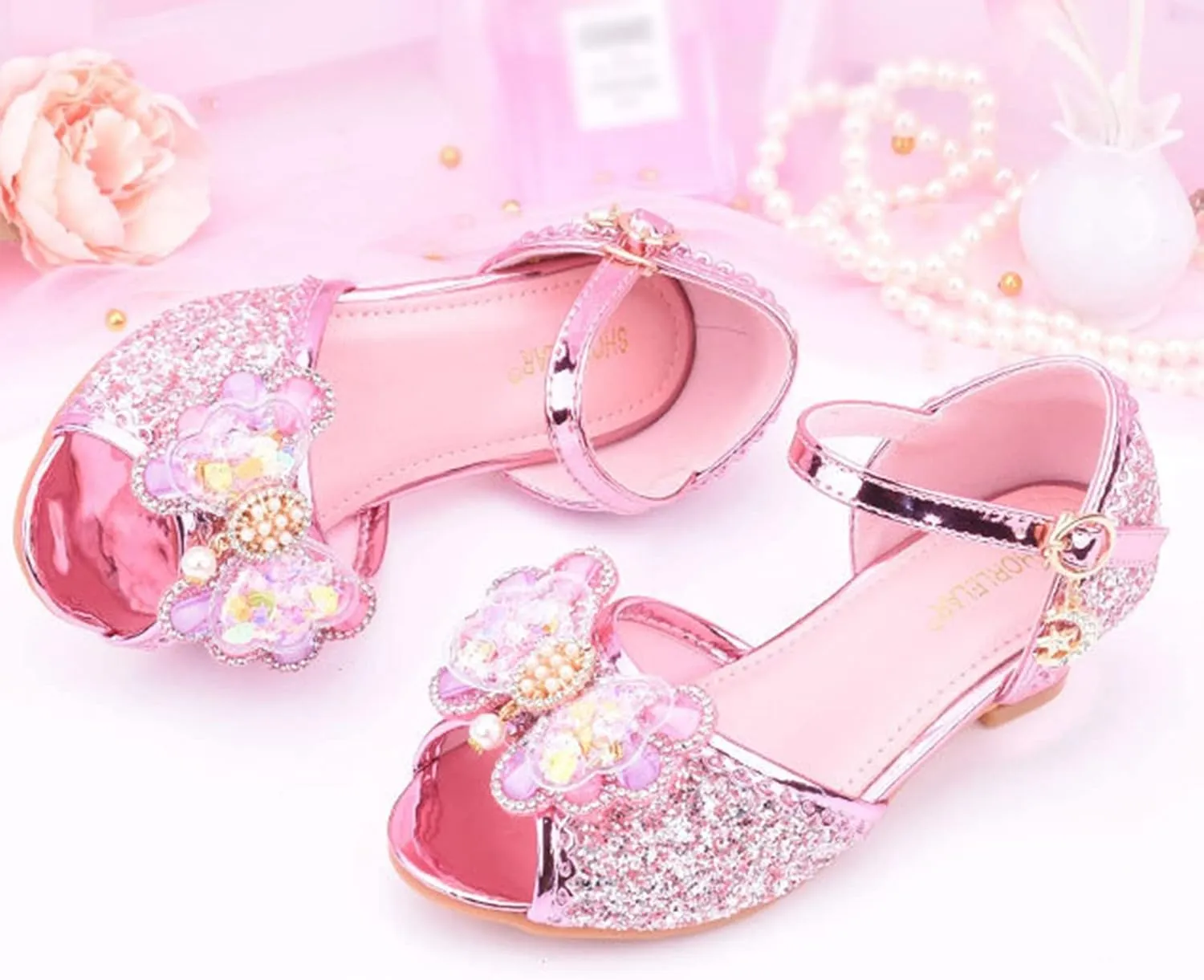 Girls Glitter Sandals Low Heels Shiny Dress Shoes with Bow Party Wedding Flower Girl Shoe for Toddler Kids
