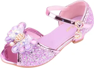 Girls Glitter Sandals Low Heels Shiny Dress Shoes with Bow Party Wedding Flower Girl Shoe for Toddler Kids