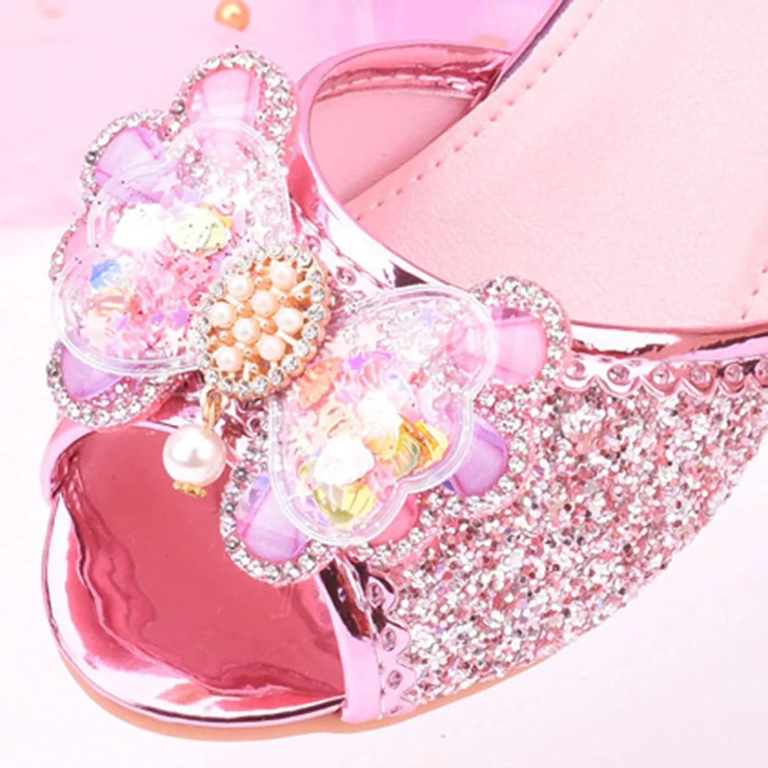 Girls Glitter Sandals Low Heels Shiny Dress Shoes with Bow Party Wedding Flower Girl Shoe for Toddler Kids