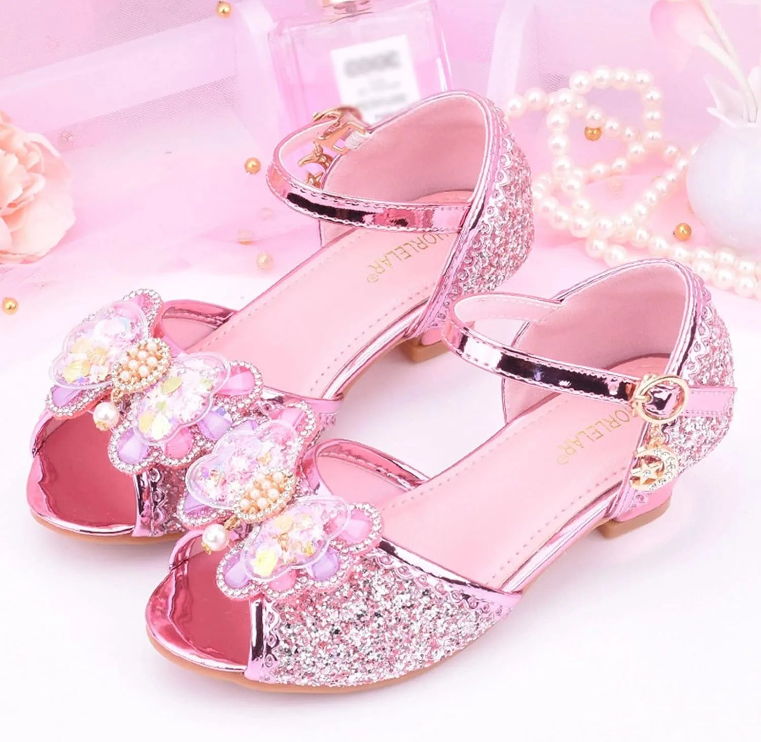 Girls Glitter Sandals Low Heels Shiny Dress Shoes with Bow Party Wedding Flower Girl Shoe for Toddler Kids