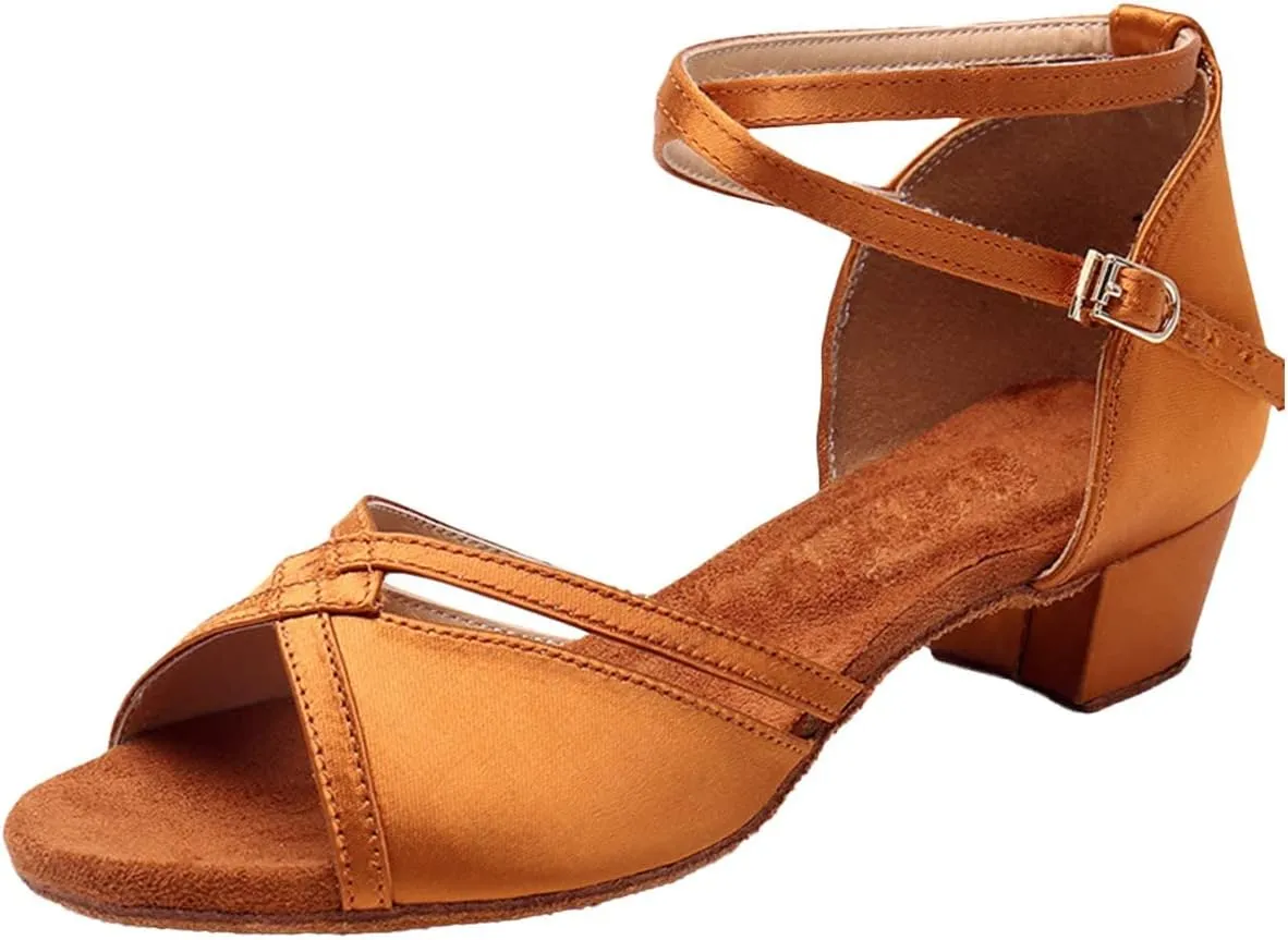 Girls Latin Dance Shoes Low Heels Ballroom Tango Performance Practice Dance Shoes for Little Kids,Tan Shoes