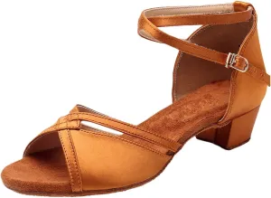 Girls Latin Dance Shoes Low Heels Ballroom Tango Performance Practice Dance Shoes for Little Kids,Tan Shoes
