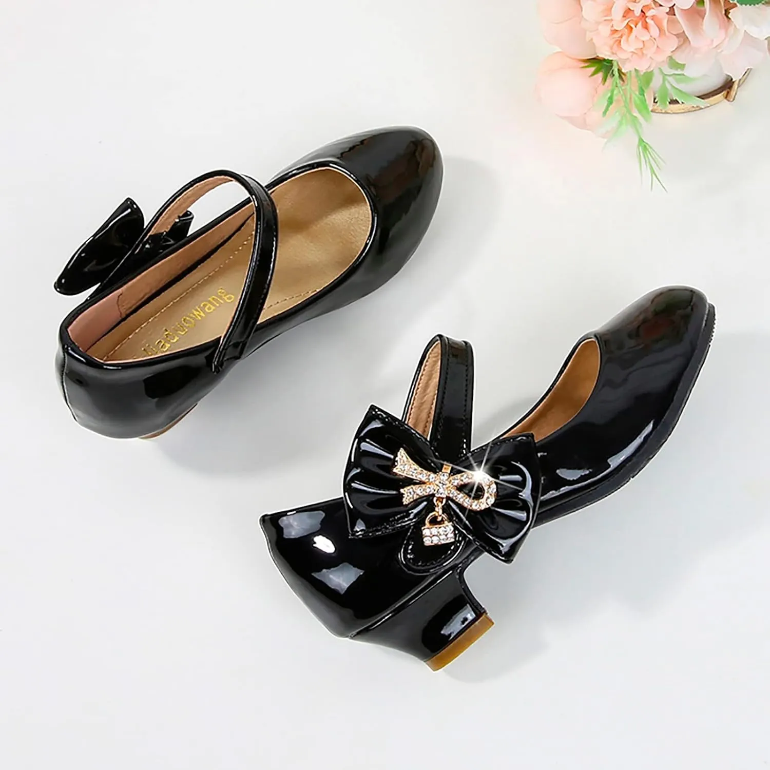 Girls Paten Leather Dress Shoes Low Heels Toddler Mary Jane Shoes Flower Shoes with Bow for School Part Wedding
