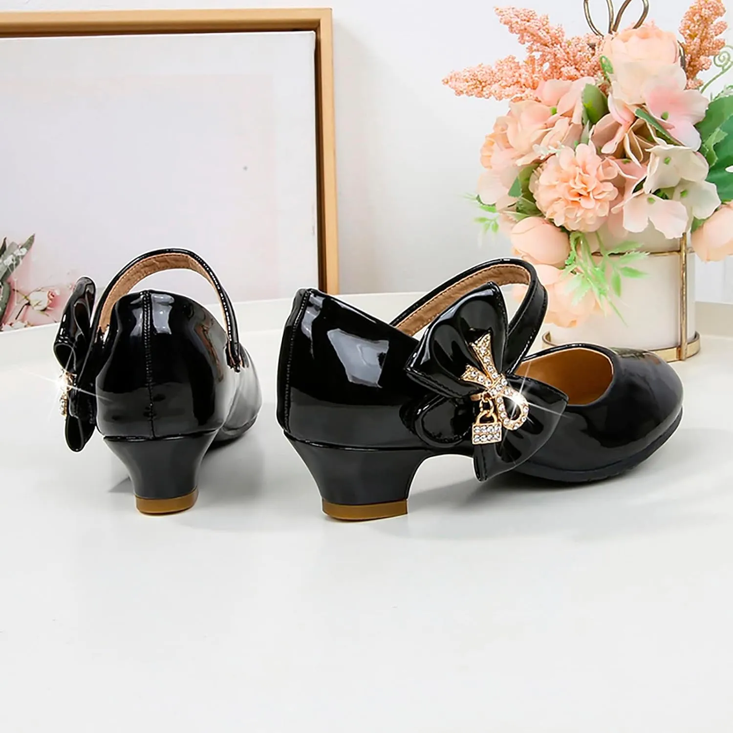 Girls Paten Leather Dress Shoes Low Heels Toddler Mary Jane Shoes Flower Shoes with Bow for School Part Wedding