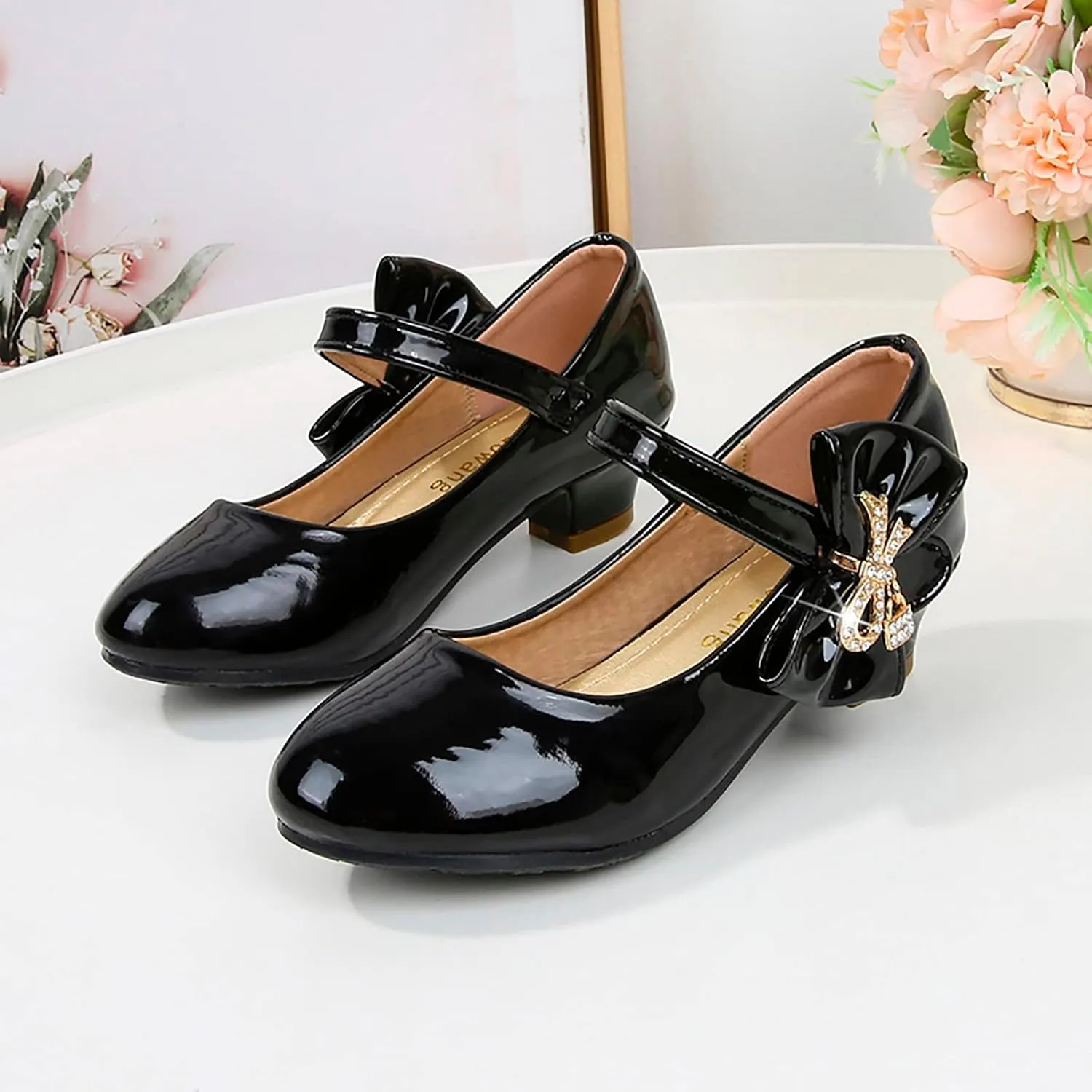 Girls Paten Leather Dress Shoes Low Heels Toddler Mary Jane Shoes Flower Shoes with Bow for School Part Wedding