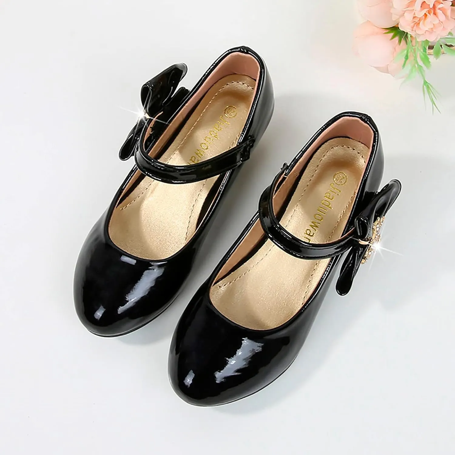 Girls Paten Leather Dress Shoes Low Heels Toddler Mary Jane Shoes Flower Shoes with Bow for School Part Wedding