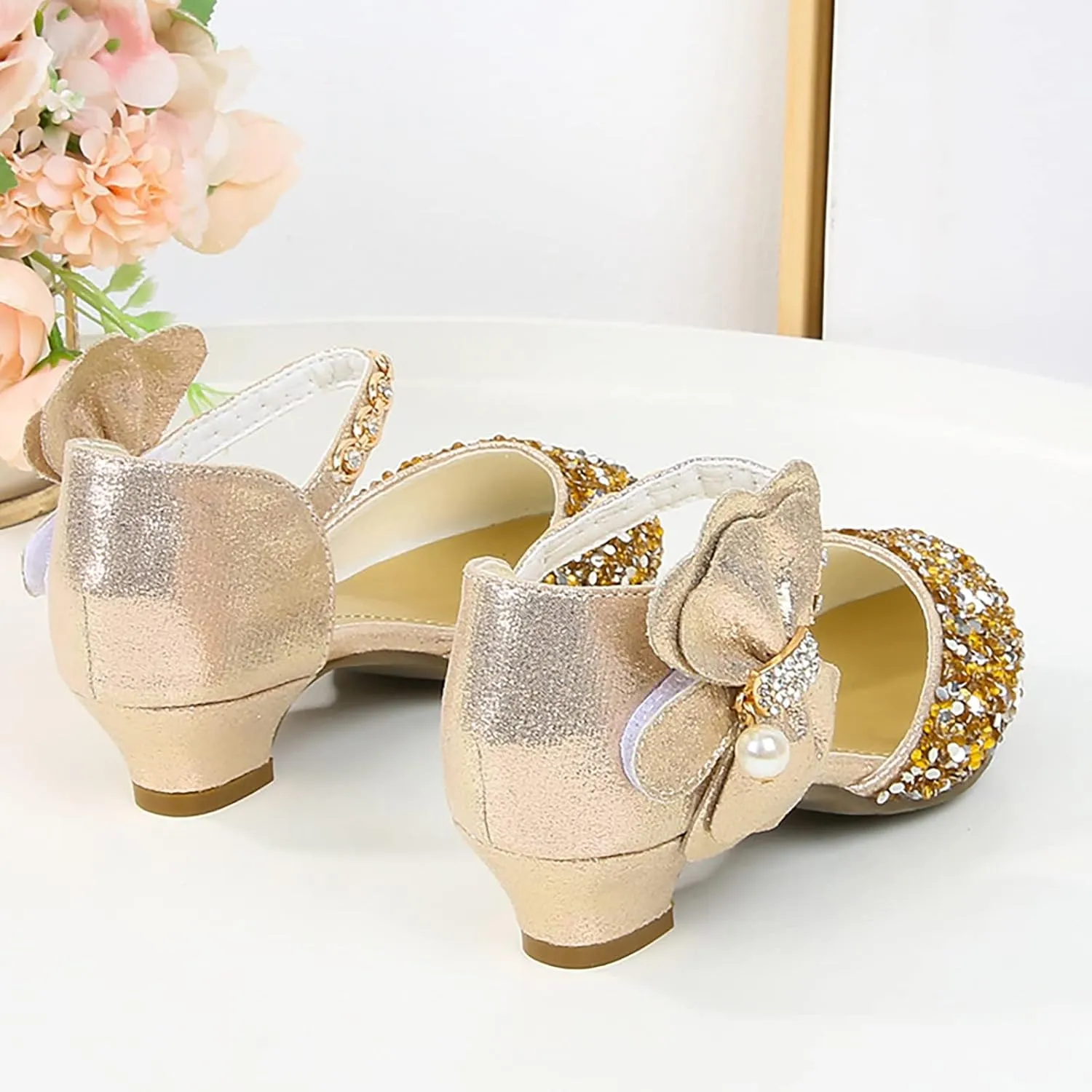 Girls Rhinestones Shining Bows Low Heel Shoes Princess Dress Flower Wedding Party Pump Shoes for Toddler Girls