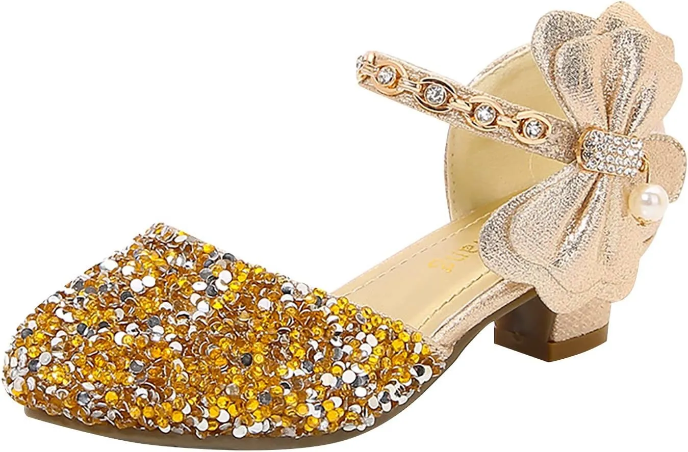 Girls Rhinestones Shining Bows Low Heel Shoes Princess Dress Flower Wedding Party Pump Shoes for Toddler Girls