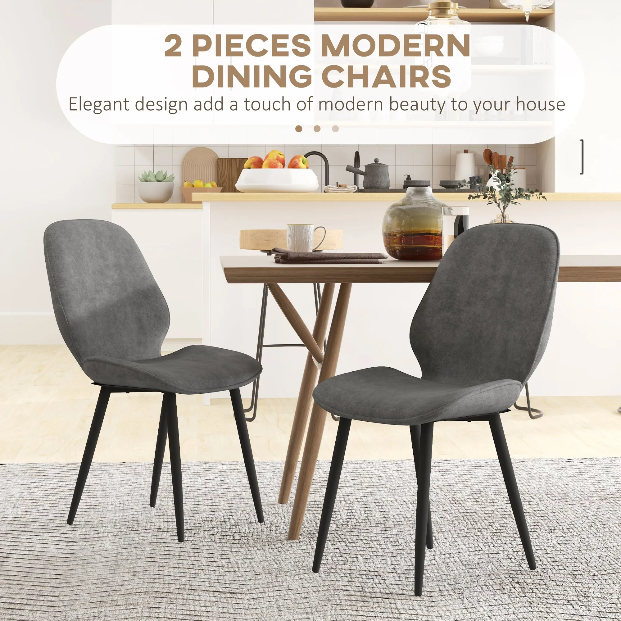 HOMCOM Dining Chairs Set of 2, Velvet Fabric Upholstered Kitchen Chairs with Solid Metal Legs for Dining Room, Living Room, Lounge, Grey