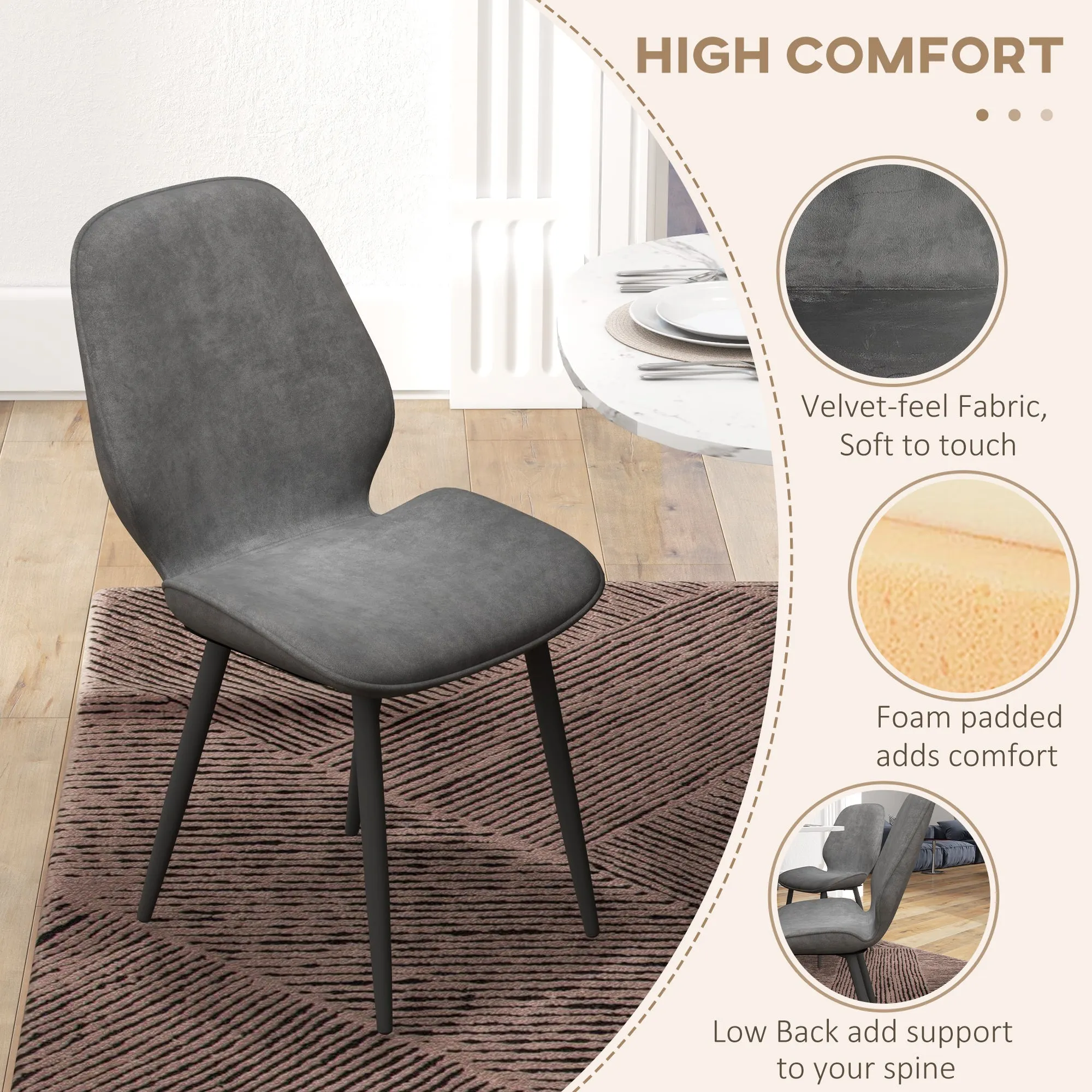 HOMCOM Dining Chairs Set of 2, Velvet Fabric Upholstered Kitchen Chairs with Solid Metal Legs for Dining Room, Living Room, Lounge, Grey