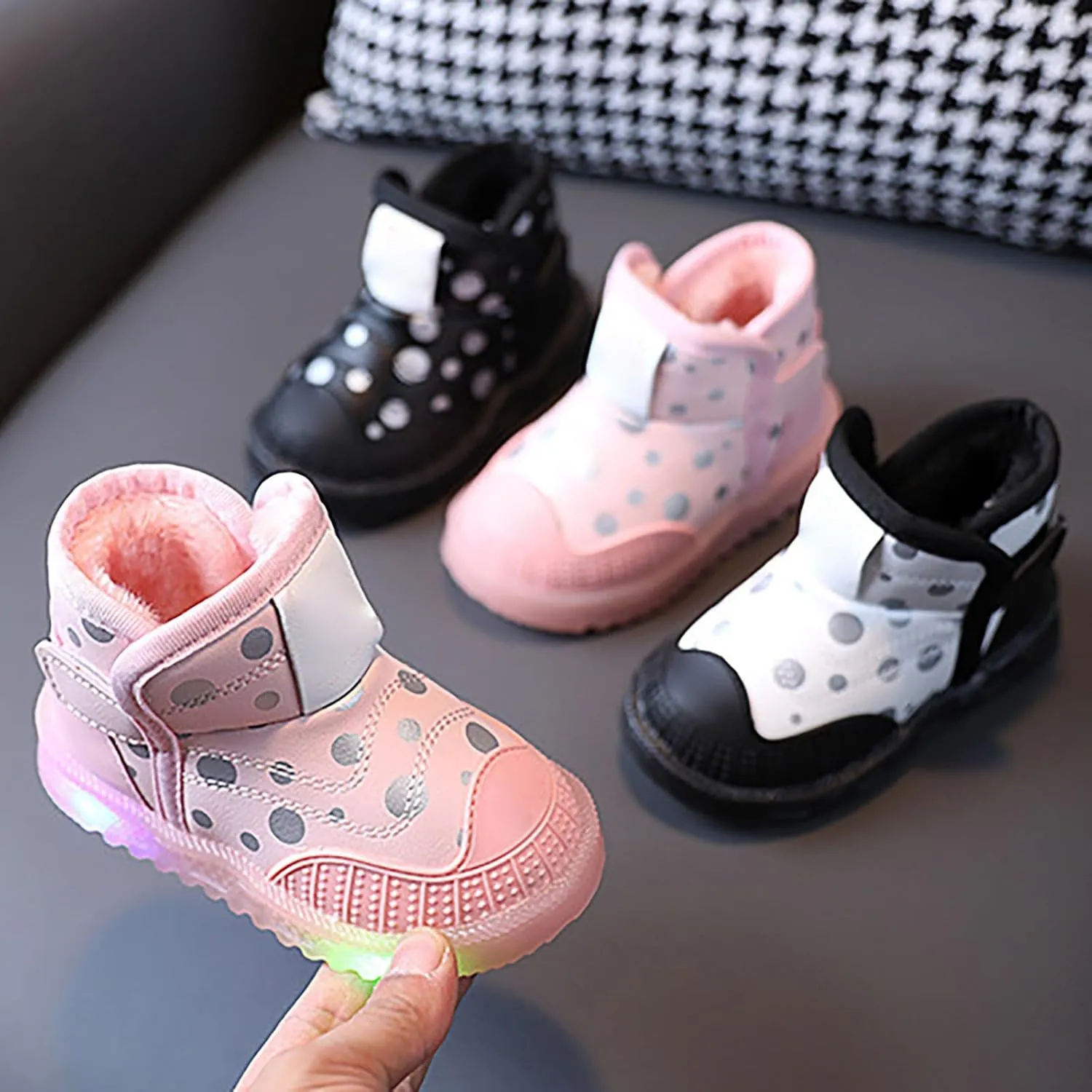 Infant Boys Girls High Top Luminous Sneakers Fleece Plush Thicken Soft Lightweight Light Up Athletic Shoes for Kids