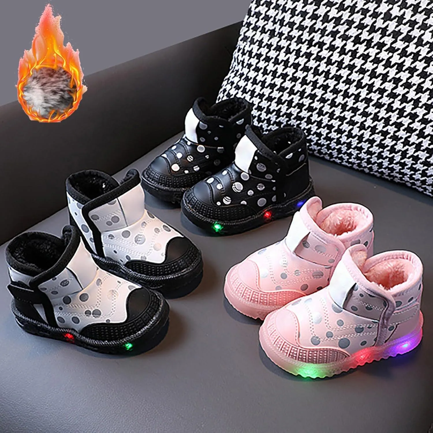 Infant Boys Girls High Top Luminous Sneakers Fleece Plush Thicken Soft Lightweight Light Up Athletic Shoes for Kids