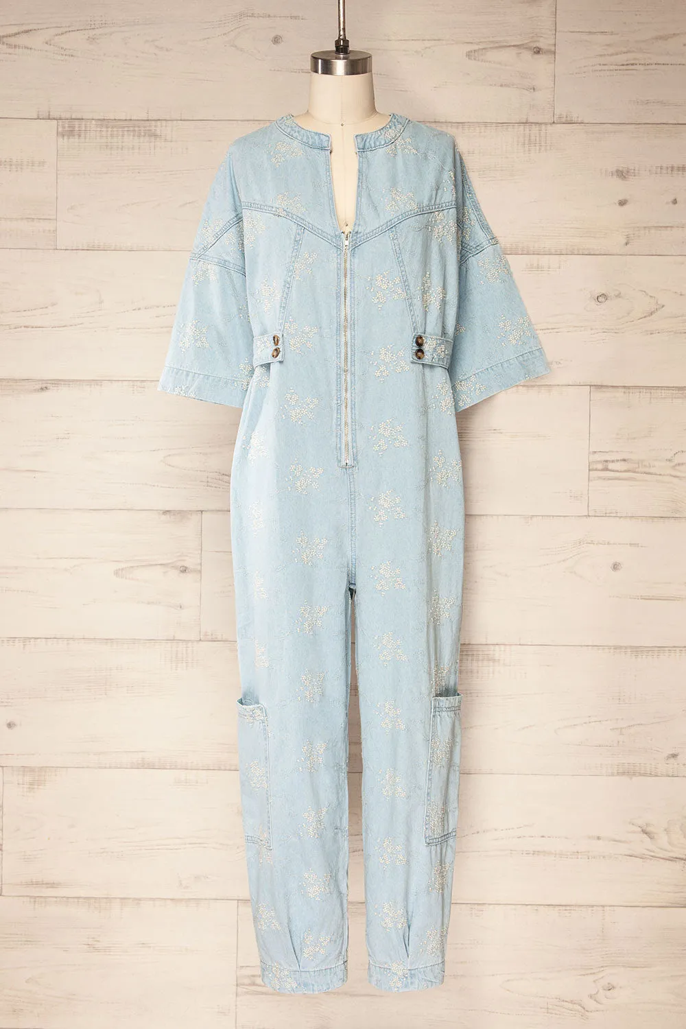 Jorah | Blue Denim Jumpsuit w/ Floral Embroidery