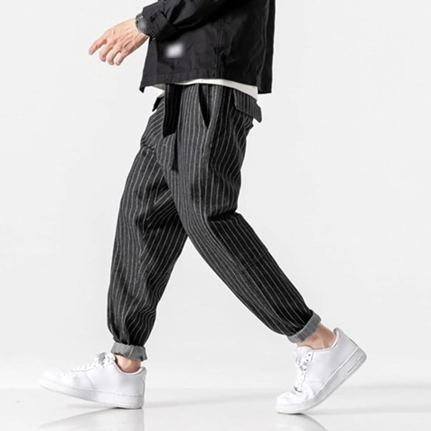 Men's Striped Harem Pants Vintage Casual Loose Cotton Denim Pants Plus Size Distressed Washed Jean Trousers