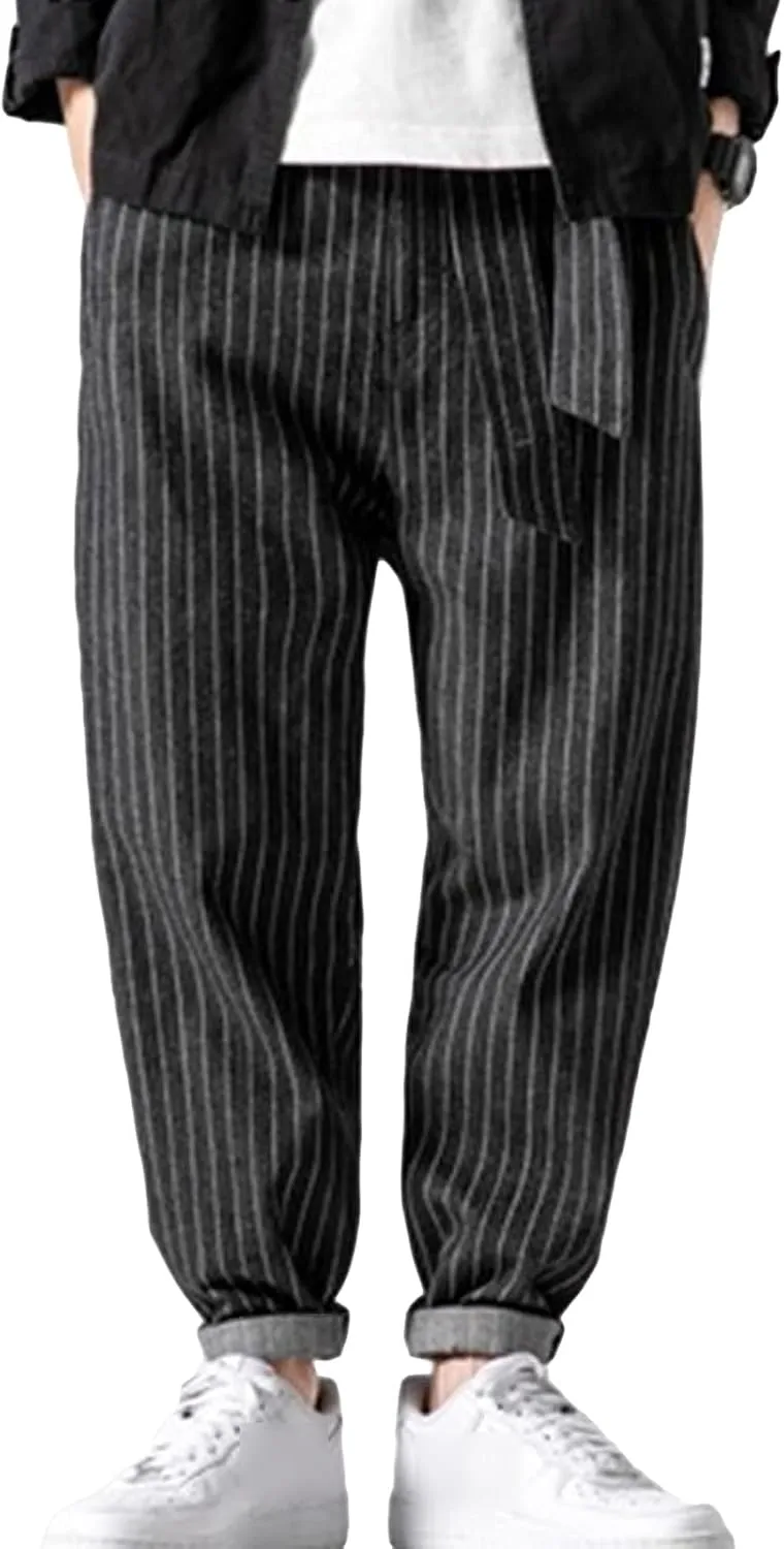 Men's Striped Harem Pants Vintage Casual Loose Cotton Denim Pants Plus Size Distressed Washed Jean Trousers