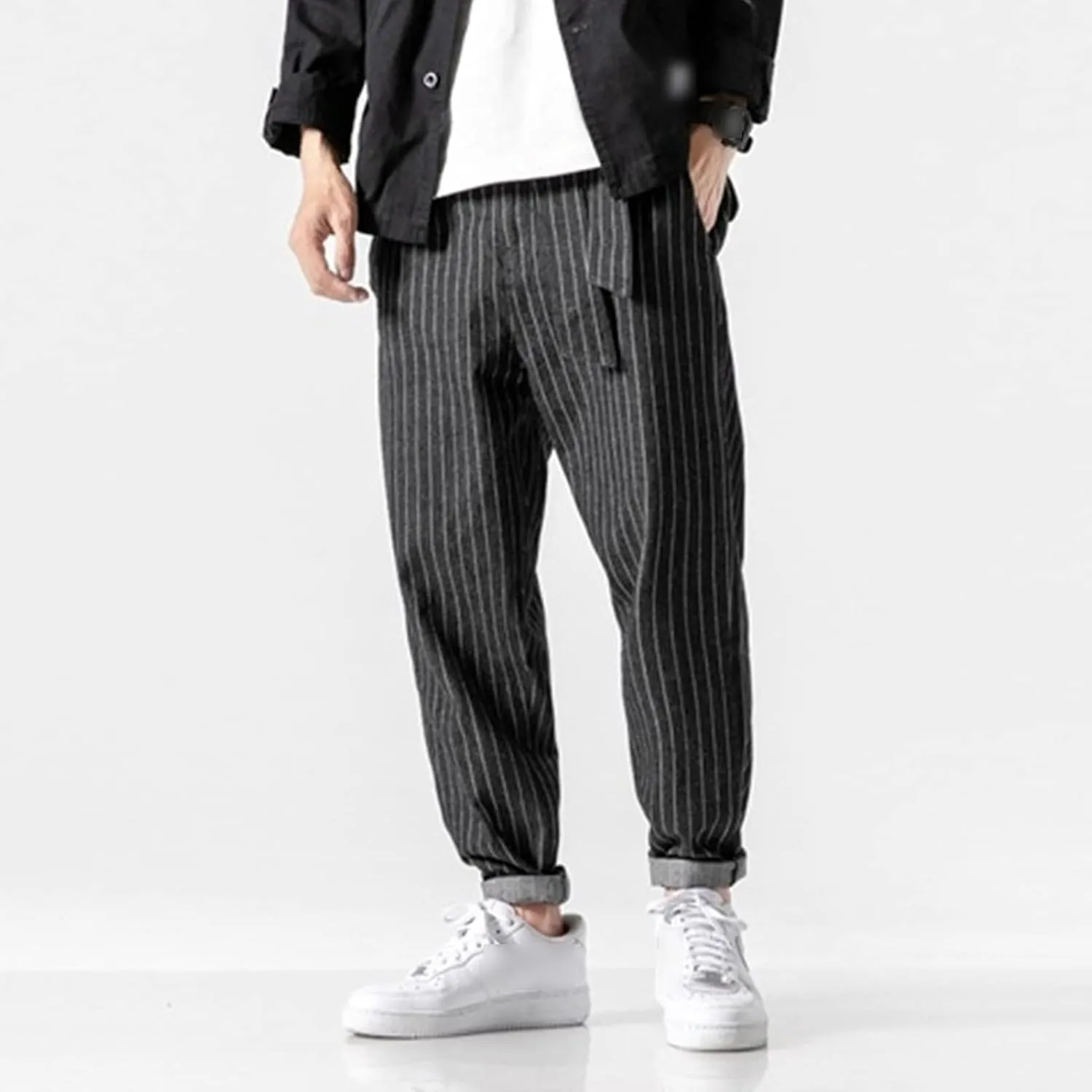 Men's Striped Harem Pants Vintage Casual Loose Cotton Denim Pants Plus Size Distressed Washed Jean Trousers