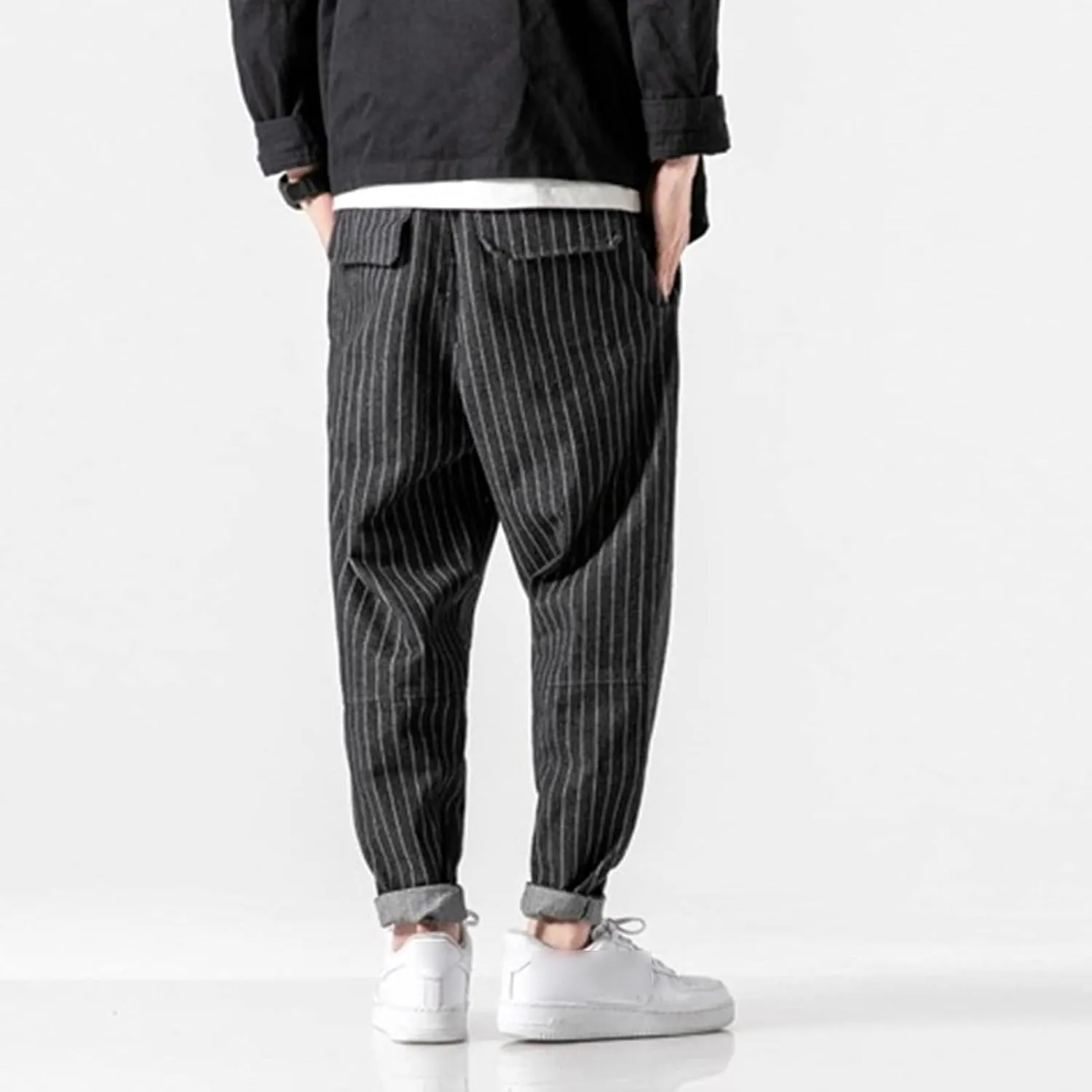Men's Striped Harem Pants Vintage Casual Loose Cotton Denim Pants Plus Size Distressed Washed Jean Trousers