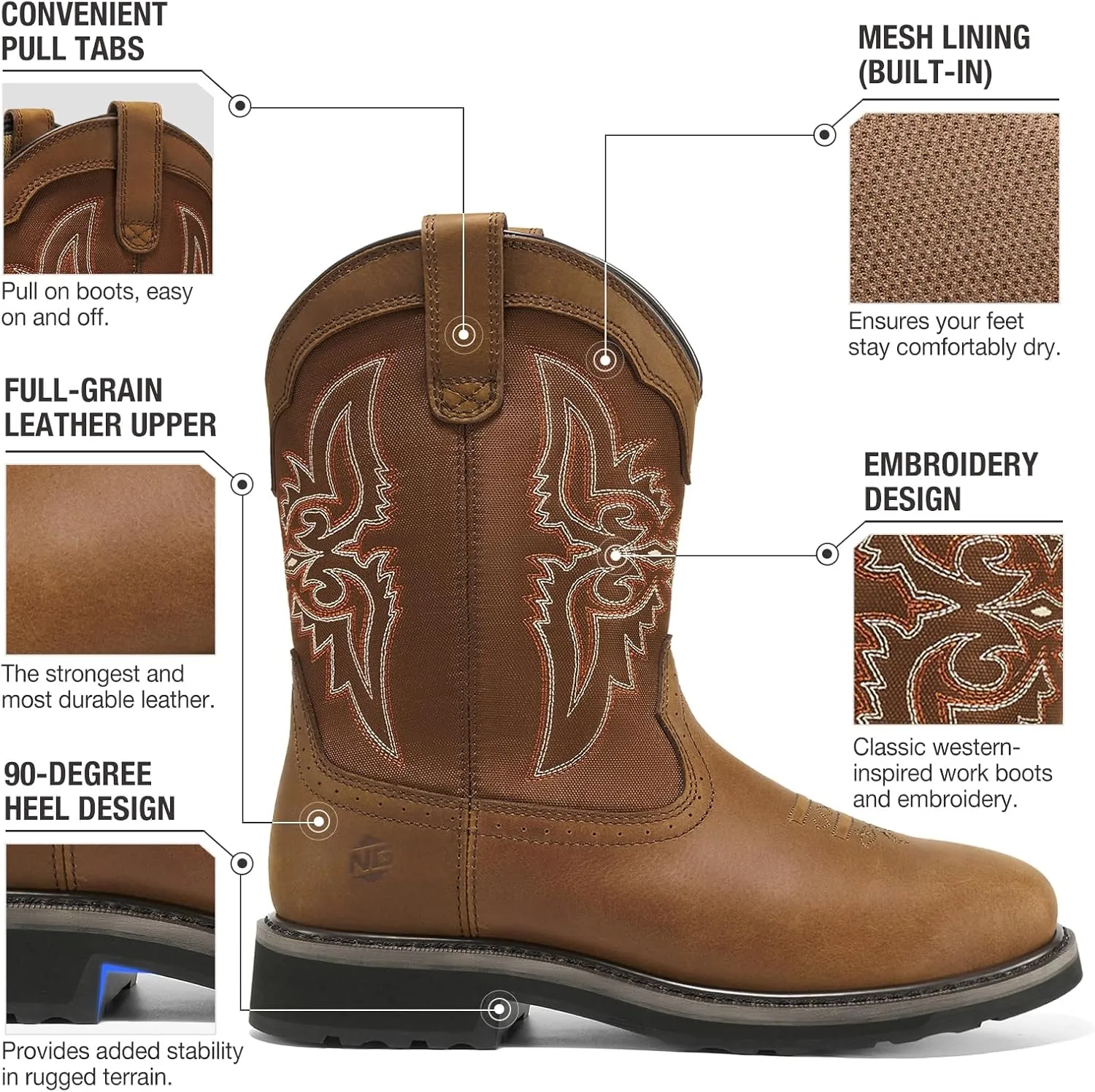 NINGO Men's Cowboy Boots Square Steel Toe, Full-Grain Leather & Oxford Splicing, Non-Slip Western Comfortable Work Boots with EH Protection, for Construction, Farming and Outdoor Work