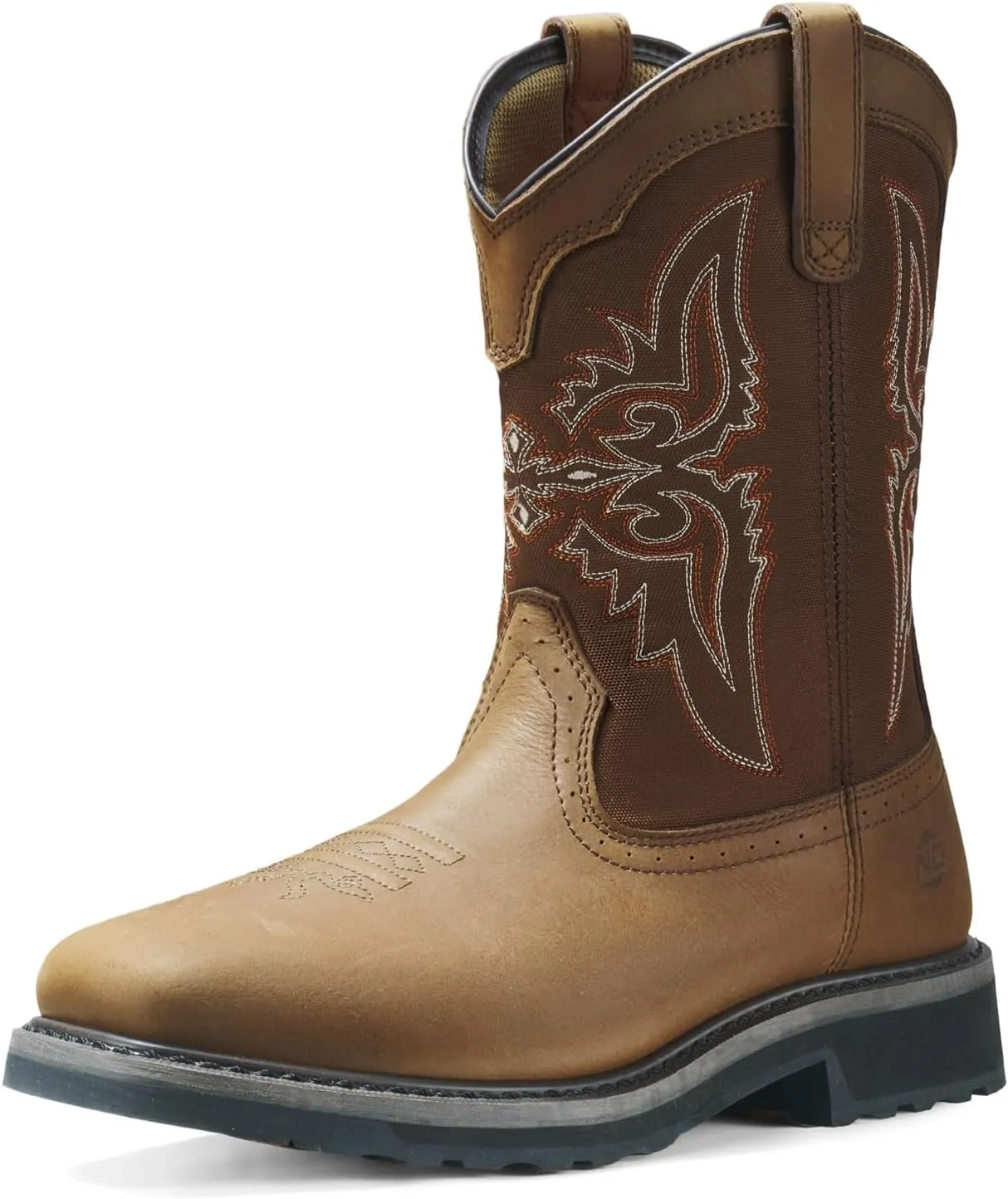 NINGO Men's Cowboy Boots Square Steel Toe, Full-Grain Leather & Oxford Splicing, Non-Slip Western Comfortable Work Boots with EH Protection, for Construction, Farming and Outdoor Work