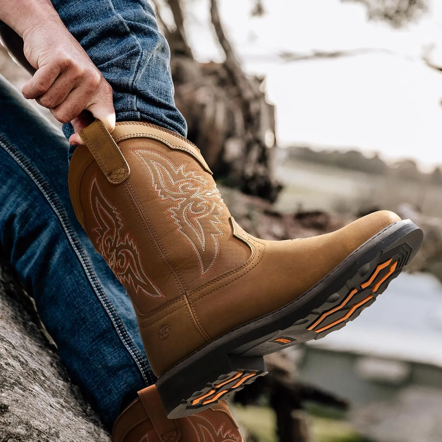 NINGO Men's Cowboy Boots Square Steel Toe, Full-Grain Leather & Oxford Splicing, Non-Slip Western Comfortable Work Boots with EH Protection, for Construction, Farming and Outdoor Work