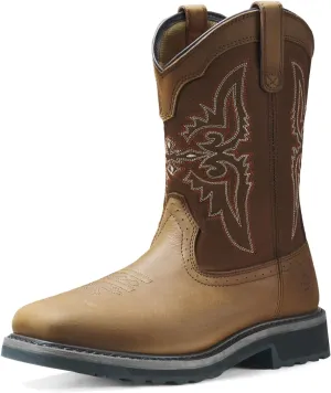 NINGO Men's Cowboy Boots Square Steel Toe, Full-Grain Leather & Oxford Splicing, Non-Slip Western Comfortable Work Boots with EH Protection, for Construction, Farming and Outdoor Work