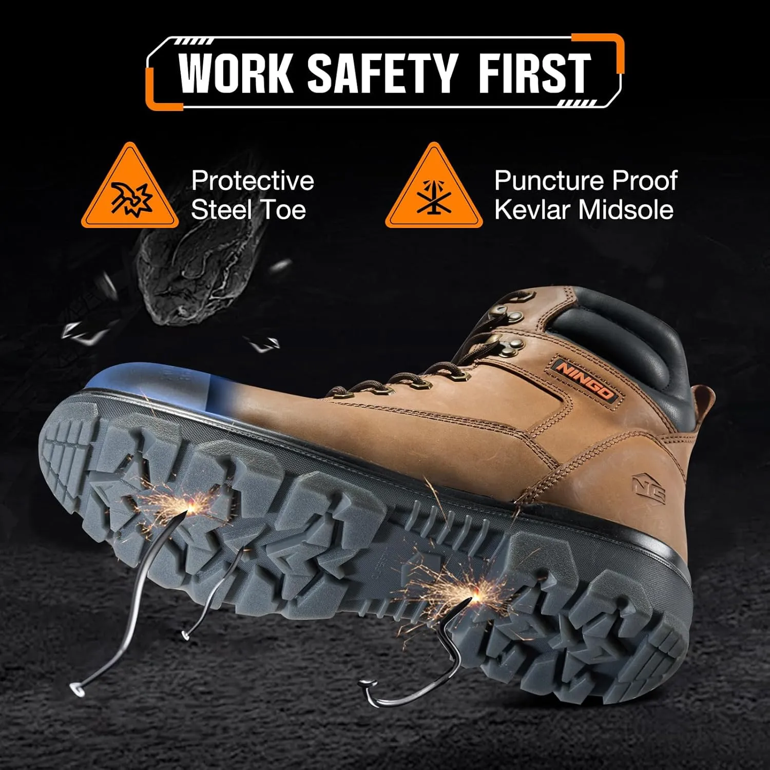 NINGO Steel Toe Work Boots for Men, Waterproof Work Boot with Puncture Proof, Oil & Slip Resistant, Comfortable Mens Construction Boots with EH Protection, Leather Shoes for Industrial