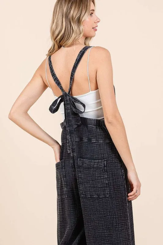 Overall Vibes Washed Black Textured Wide Leg Overalls