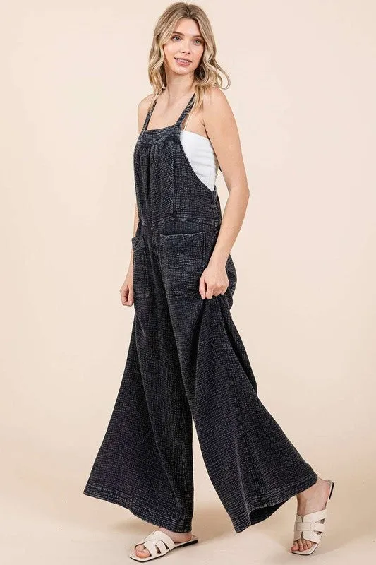 Overall Vibes Washed Black Textured Wide Leg Overalls