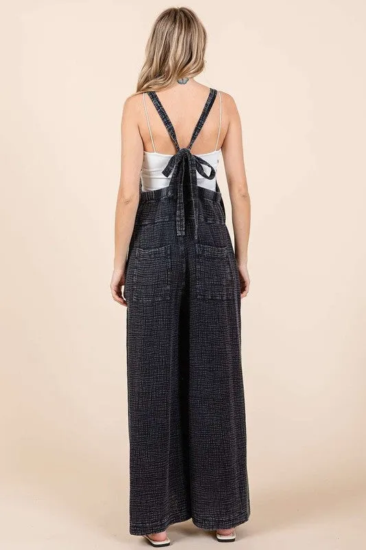 Overall Vibes Washed Black Textured Wide Leg Overalls