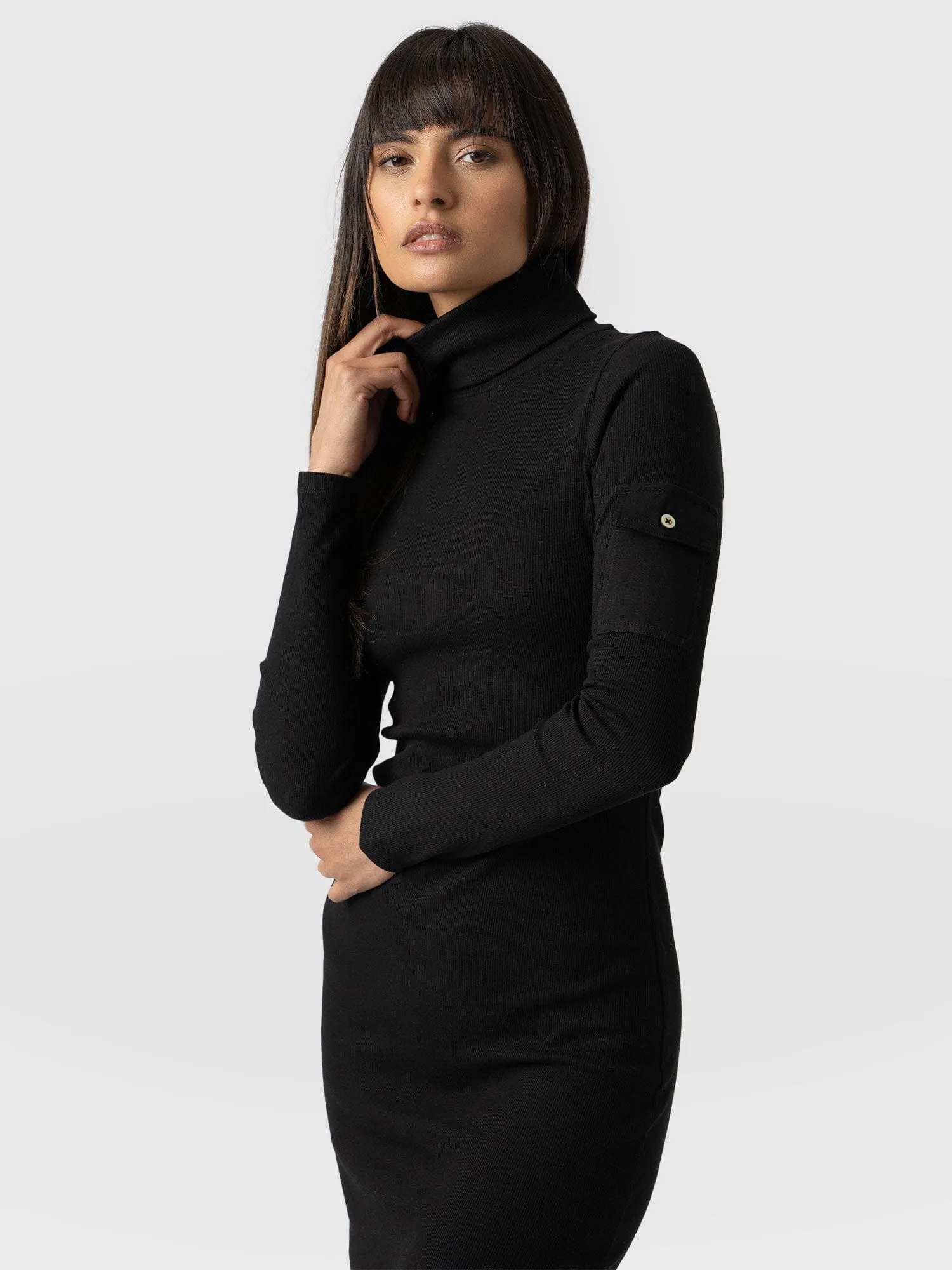Pocket Turtle Neck Dress - Black