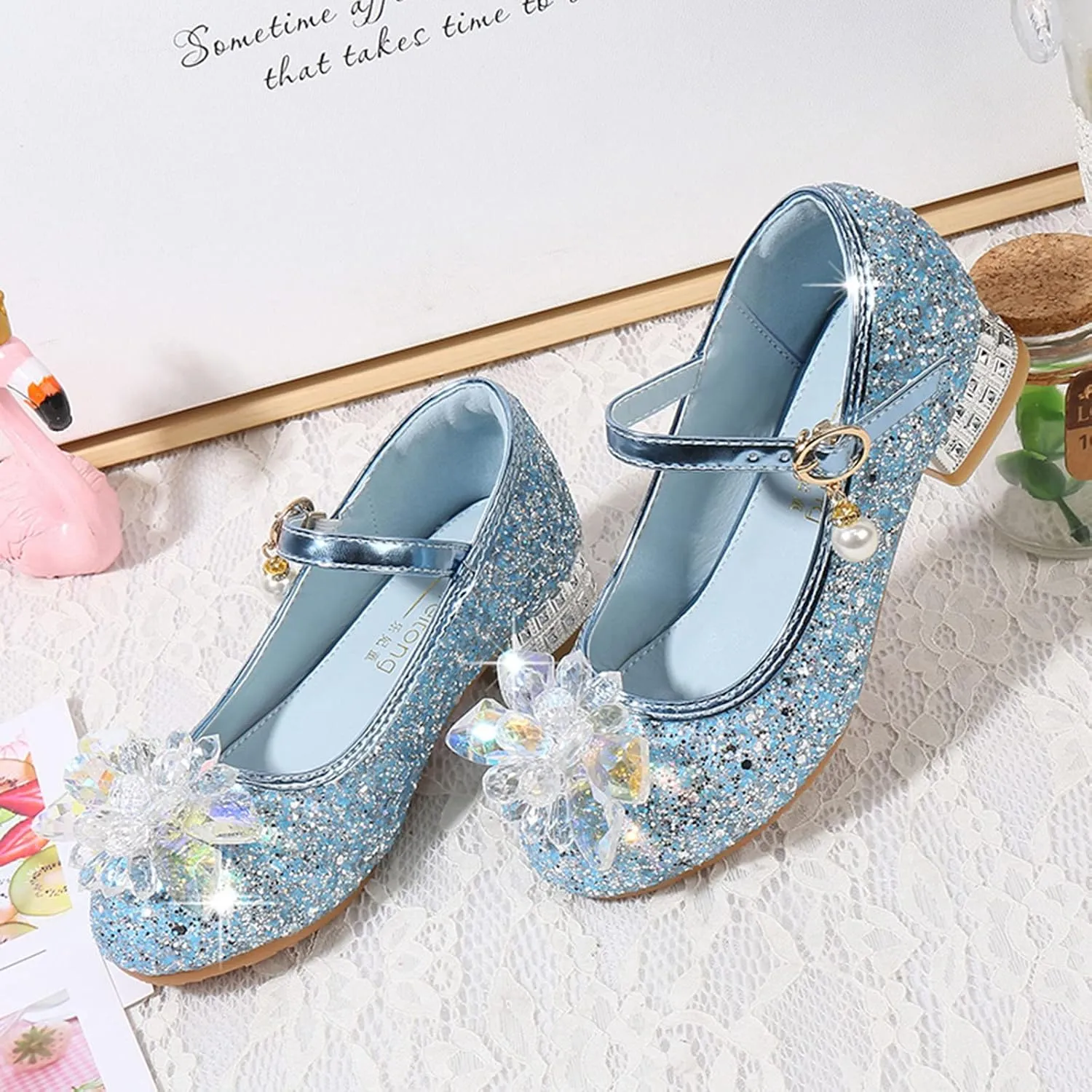 Rhinestones Flower Shoes for Girls Low Heel Dress Shoes Big Kids Sparkl Mary Jane Flats for Wedding Party Prom
