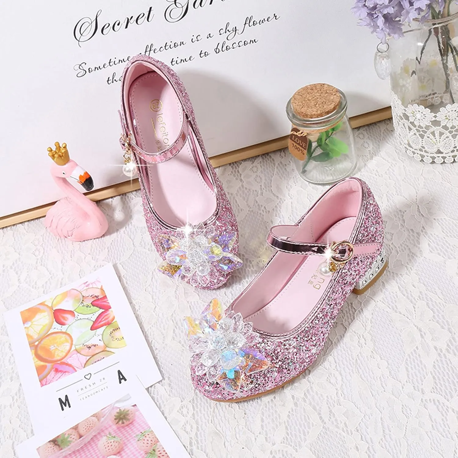Rhinestones Flower Shoes for Girls Low Heel Dress Shoes Big Kids Sparkl Mary Jane Flats for Wedding Party Prom