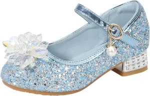 Rhinestones Flower Shoes for Girls Low Heel Dress Shoes Big Kids Sparkl Mary Jane Flats for Wedding Party Prom